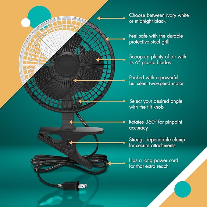 JOEY'Z 6 INCH - 2 Speed - Adjustable Tilt, Whisper Quiet Operation Clip-On-Fan with 5.5 Foot Cord and Steel Safety Grill (1, 6" Fan with 5 FT Cord)