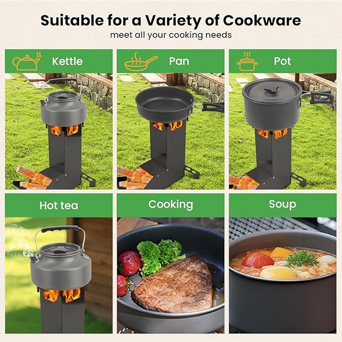 Portable Rocket Stove Camping Stove - GEEKHOM Mini Stainless Steel Folding Wood Burning Stove w/Storage Bag & Gloves, High-Efficiency for Camping, Hunting, Fishing, Picnic, BBQ