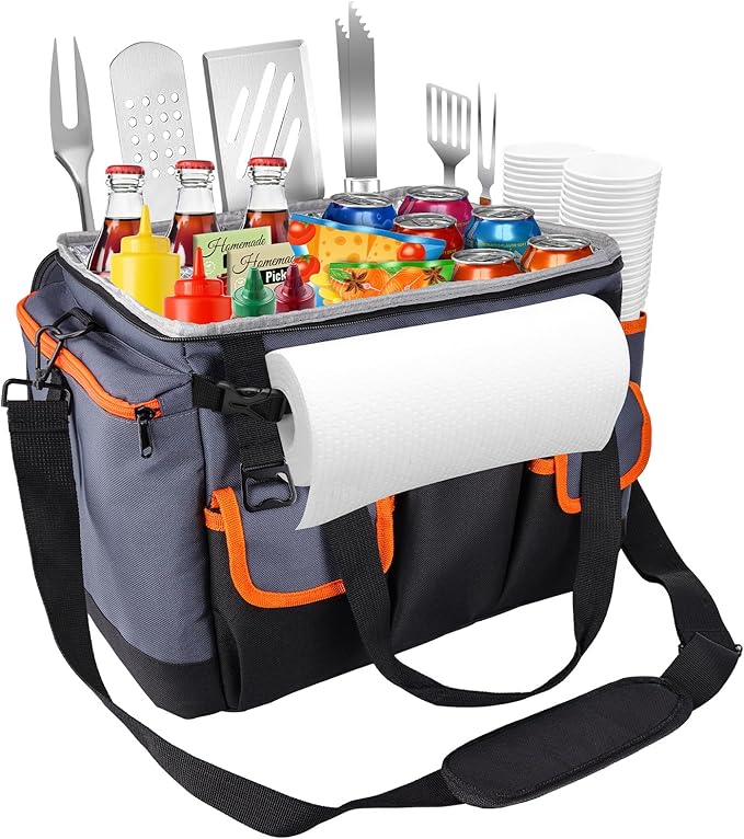 Large BBQ Grill Caddy with Paper Towel Holder, Foldable Insulated Picnic Organizer Bag for Outdoor Grilling, Tailgating, Camping, RV Trips, Must-Have Storage for Cooking Tools Supplies