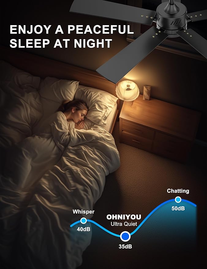 Ohniyou 48'' Ceiling Fans with Lights and Remote, 6 Speeds, 3 Colors & Dimmable LED Light, Quiet DC Motor Black Ceiling Fan for Bedroom Living Room