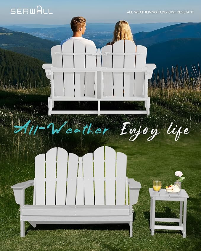 SERWALL 2 Person Adirondack Loveseat, HDPE All-Weather Folding Adirondack Bench Chair, Outdoor Adirondack Chair Set of 4, White