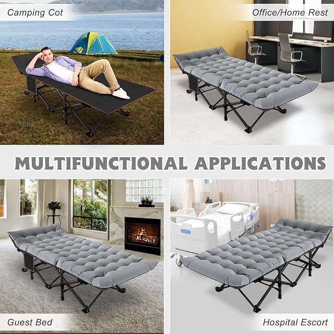 ABORON Folding Camping Cot W/Mat for Adults, Heavy Duty Outdoor Bed with Carry Bag,1200 D Layer Oxford Travel Camp Cots