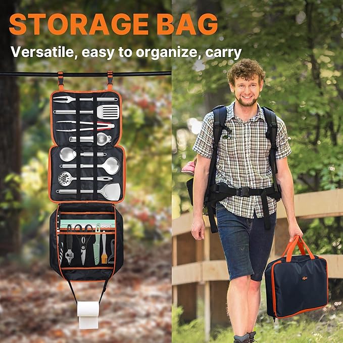 Camping Cooking Utensils Set Grilling Cookware Camp Kitchen Rotating Marshmallow Roasting Sticks BBQ Forks, Portable RV Camping Essentials Camper Must Haves for Cookouts Open Fire Pit