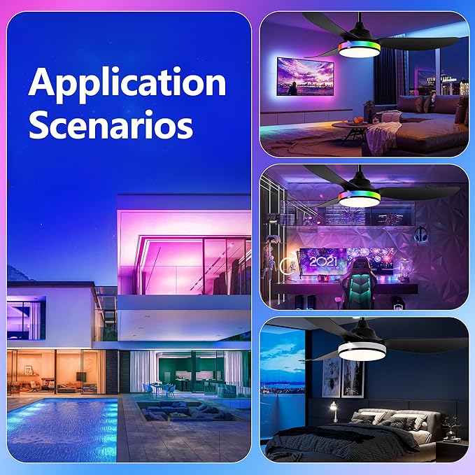 42 Inch Ceiling Fan with Light and Remote, Modern 3 Blade DC Motor Quiet Fan, Dimmable RGB LED, Reversible ABS Blades, for Bedroom Living Room(Black)