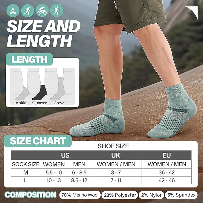 6 Pairs Merino Wool Ankle Running Hiking Socks Compression Support Breathable Thick Cushion No Show Socks for Women Men