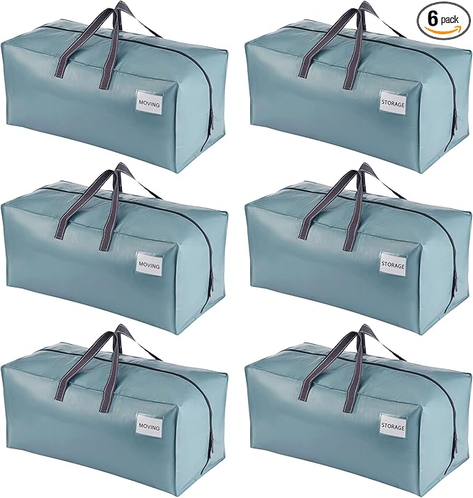 VENO 6 Pack Moving Bags w/Backpack Straps, Heavy Duty, Moving Boxes Alternative, Packing Supplies, Large Storage Totes for Dorm Room Essentials with Zipper for Clothes (Shiny Light Blue, 6 Pack)