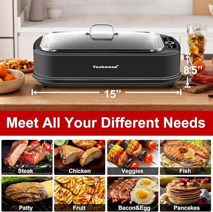 Indoor Grill, Techwood 1500W Smokeless Electric Grill with Non-Stick Grill Plates, Korean Grill with Temperature Control, Tempered Glass Lid, Dishwasher-Safe, Jet Black