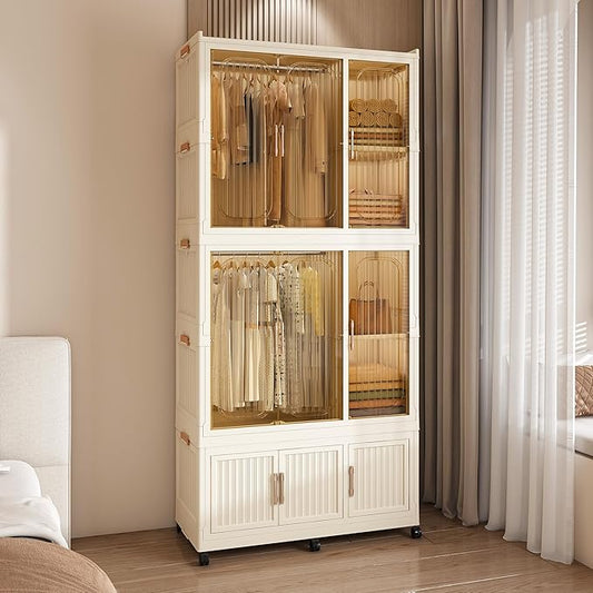 Portable Wardrobe Closet Storage Organizer, Plastic Collapsible Closet Organizer with Transparent Magnetic Door, for Bedroom Living Room,Easy Assemble,7 Cubes & 2 Hanging Rod