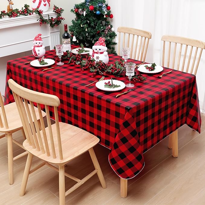 misaya Rectangle Waterproof Vinyl Table Cloth, Buffalo Flannel Backed Tablecloth, Wipeable Plastic Table Cover for Dinner, Kitchen, Picnic (60" x 120", Red and Black)