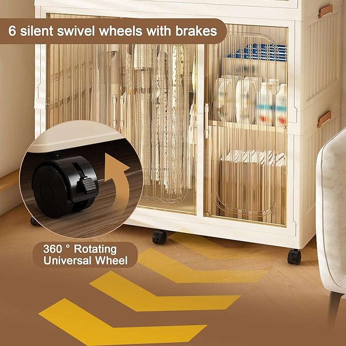 Portable Wardrobe Closet Storage Organizer, Plastic Collapsible Closet Organizer with Transparent Magnetic Door, for Bedroom Living Room,Easy Assemble,4 Cubes & 2 Hanging Rod