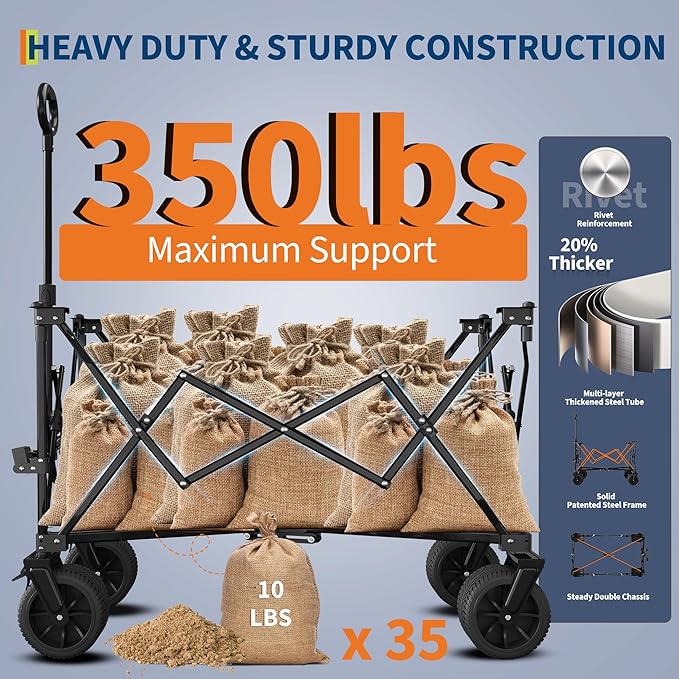 Heavy Duty Foldable Wagon for Beach, Extra Large Collapsible Foldable Wagon for Camping, All Terrain Beach Wagons Extended with Cup Holders for Sand