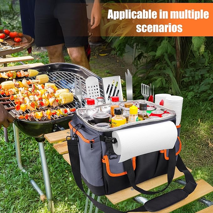 Large BBQ Grill Caddy with Paper Towel Holder, Foldable Insulated Picnic Organizer Bag for Outdoor Grilling, Tailgating, Camping, RV Trips, Must-Have Storage for Cooking Tools Supplies