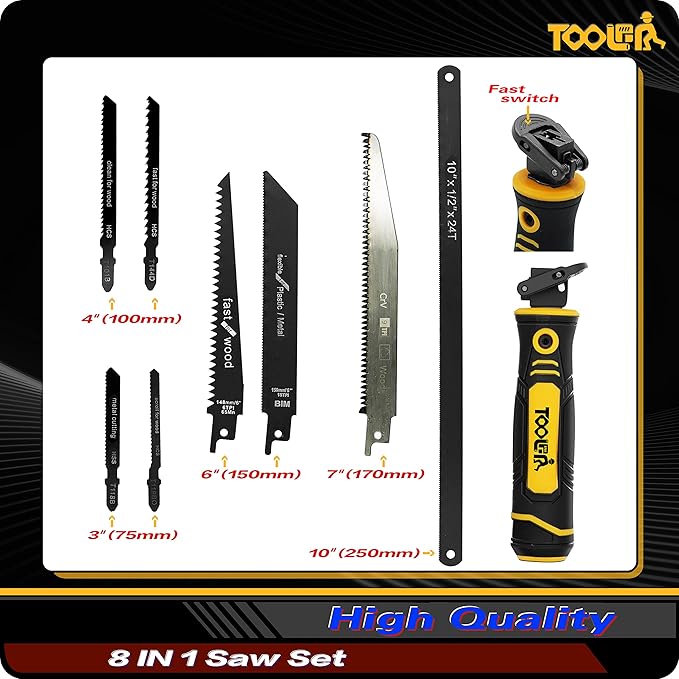8-In-1 Multi Blades Hand Saw, Drywall Cutter. Hacksaw. Long Blade Hand Saw, Jab Saw, For Cutting Drywall, Sheetrock, Wood, Metel, Plastic, Plywood. Blade Quick Change Mechanism.