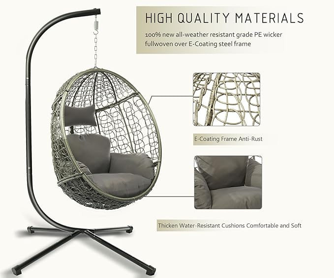 DoubleTT Indoor/Outdoor Egg Chair with Stand, Swing Hammock Hanging Chair Nest Basket, UV Resistant Removable & Washable Cushions,350LBS Capacity for Bedroom, Balcony, Garden