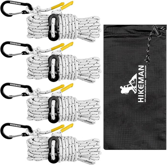 HIKEMAN Reflective Tent Rope Guyline - 4M Camping Guide Ropes,4mm Tent Guy Ropes Cord with Aluminum Tensioners Adjuster for Outdoor Camping Hiking Caravan Awning Tents (White, 4mm)