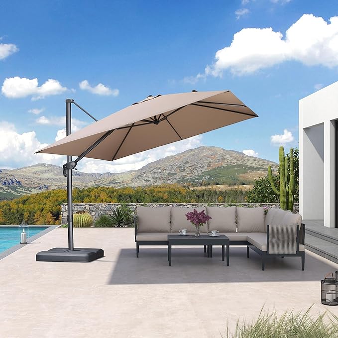 PURPLE LEAF 10 FT Cantilever Patio Umbrella Outdoor Aluminum Offset Square Umbrella with 3 Years Fade Resistance Recycled Fabric and 360-degree Rotation for Deck Pool Garden, Sand Dune