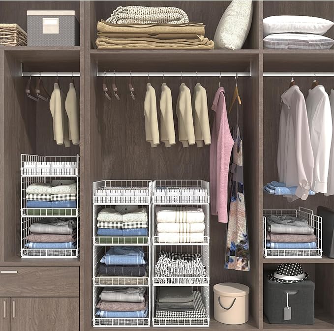 4 Tier Closet Organizers and Storage Shelves, Collapsible Stackable Storage Drawers Organizer Shelf Bins Baskets Containers for Truck Camper RV Closet Cupboard Wardrobe,Narrow, Sturdy Metal Frame