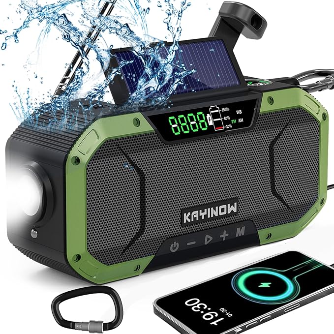 Hand Crank Emergency Radio,Portable AM FM NOAA Weather Radio,Solar Power,Battery Operated,USB Charging Flashlight,Cell Phone Charger,Waterproof,SOS for Camping,Power Outage,Survival Storm