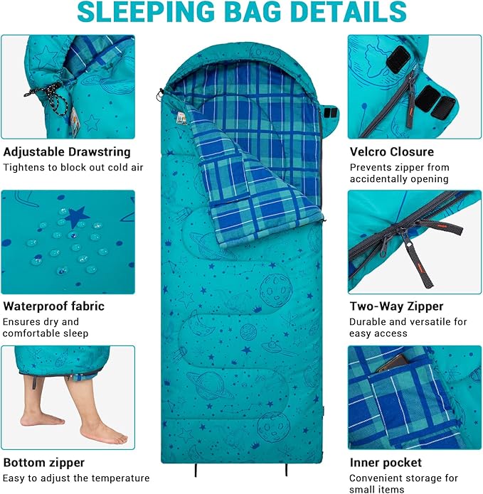 KingCamp 45° F Kids Sleeping Bag, Lightweight Waterproof & Compact Flannel Sleeping Bags Cold Weather & Warm Youth Essentials Gear Accessories for Camping, Fits 10-12 Children up to 5'5" Tall