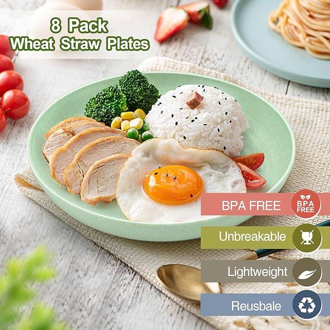7.9 Inch Wheat Straw Dinner Plates Set of 8, Unbreakable Plastic Reusable Plates for Kitchen, Camping, Small Lightweight Deep Dinnerware Set, Dishwasher and Microwave Safe Plates, Non-Toxic, BPA Free