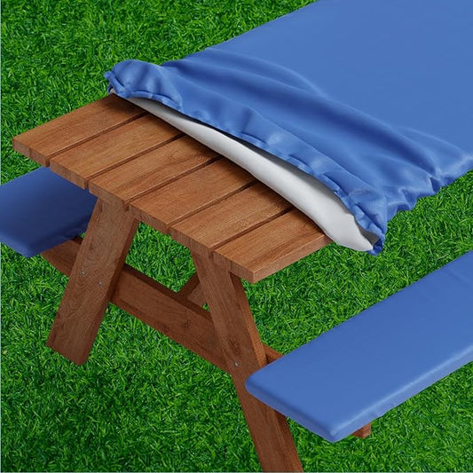 Sorfey Picnic Table Cover with Bench Covers -Fitted with Elastic, Vinyl with Flannel Back, Fits for Table 30"x 72" Rectangle,Water Proof, Solid Blue Design