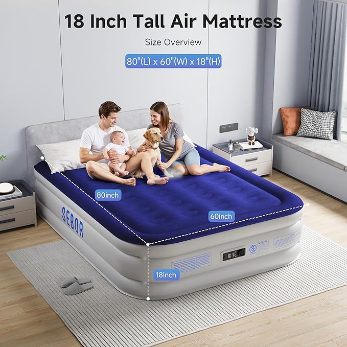Air Mattress Queen with Built-in Pump 18", Comfortable Self-Inflating Air Mattress with High-Speed Pump, Durable Blow Up Mattress Queen with Storage Bag for Guests, Camping, Travel