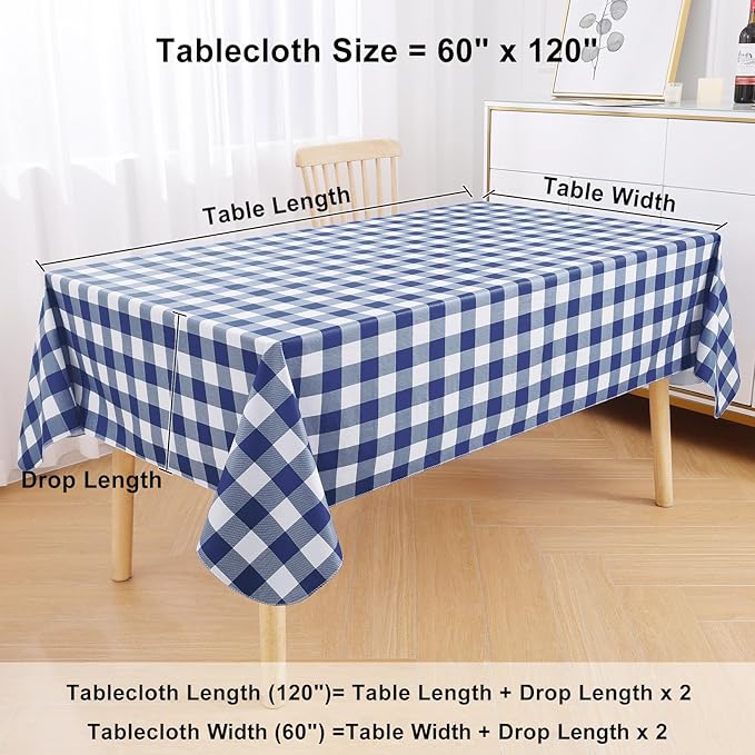 misaya Rectangle Waterproof Vinyl Table Cloth, Buffalo Flannel Backed Tablecloth, Wipeable Plastic Table Cover for Dinner, Kitchen, Outdoor (60" x 120", White and Navy)
