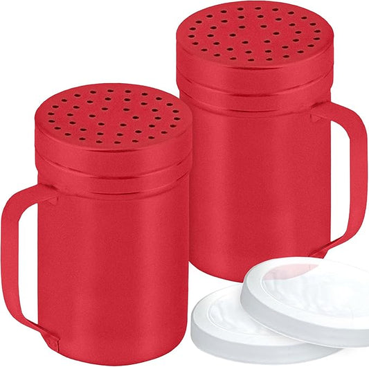 CUSINIUM 14oz Red Stainless Steel Salt Pepper Dredge Shakers - With Plastic Cap - With Handle - Pack of 2
