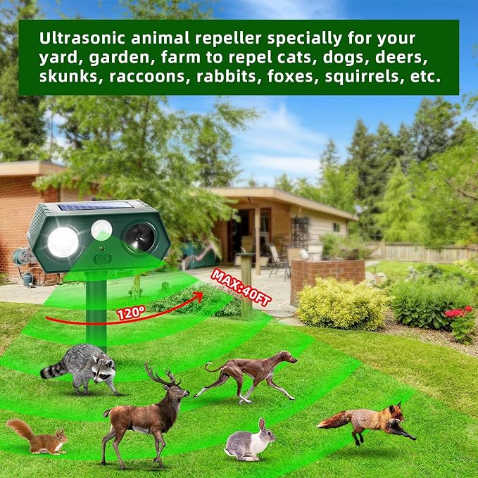 2025 Solar Ultrasonic Animal Repellent Sonic Fortress Pro Deer Repellent Raccoon Repeller Rabbit Squirrel Deterrent with Flash Light Motion Sensor to Keep Dog Cat Fox Skunk Out of Garden Yard(4Pack)