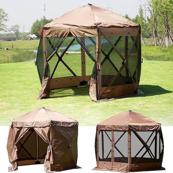10 x 10 FT Pop Up Screen Tent, Portable Outdoor Camping Gazebo with Ground Stakes and Carry Bag, Brown
