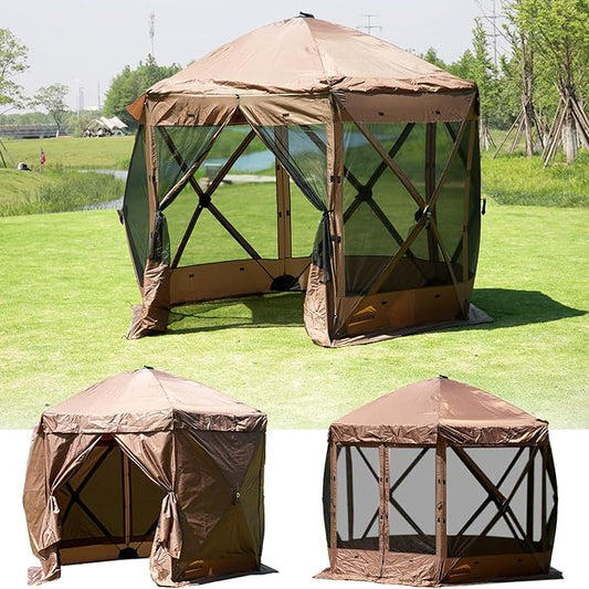 Pop Up Screen Tent, 12'x12' Windproof & UV Protection Sun Shelter, Portable Instant Setup, 6-Sided Screen Tent for Picnic, Camping, Backyard, Outdoor (Brown)