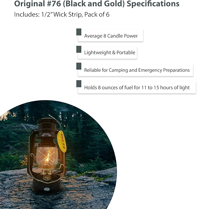 Light of Mine - Dietz #76 Original Black with Gold Trim Oil Lantern with 1/2" Replacement Wick Strips (Black with Gold Trim)