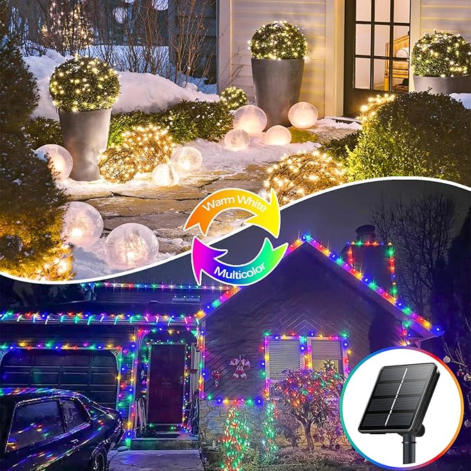 SANJICHA Warm White and Multicolor Color Changing Solar String Lights, Extra-Long 2PK 144FT 400LED Solar Fairy Lights Outdoor Waterproof, Copper Wire 8 Modes for Garden Party Wedding Decorations
