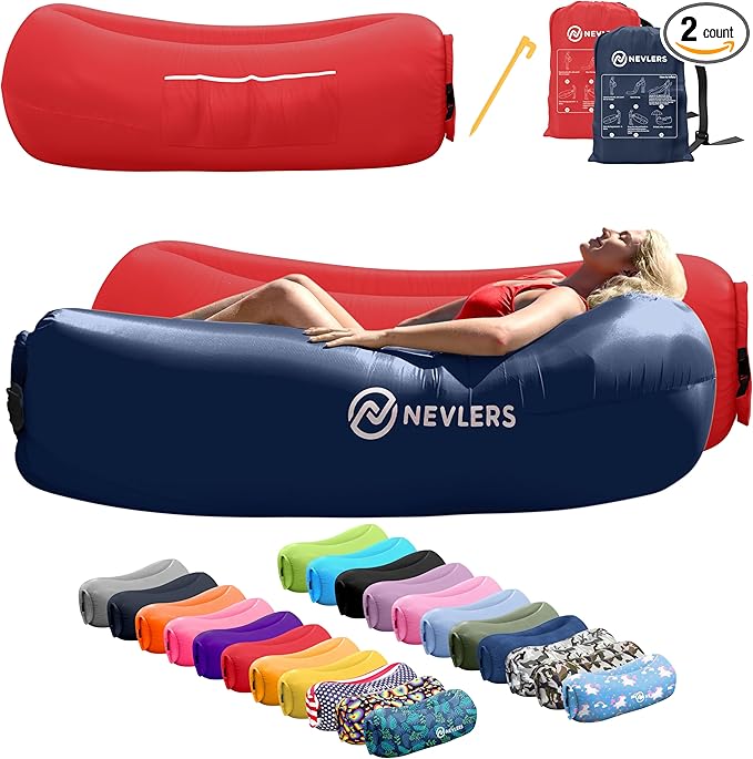 Nevlers 2 Pack Inflatable Loungers Air Sofa Couch | Perfect for Beach Chair Camping Chairs or Portable Hammock |Travel Bag Pouch, Pegs & 3 Pockets| Movie Seating & Camping Accessories Blow Up Lounger