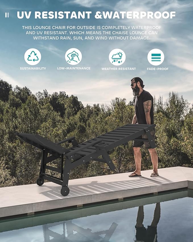 SERWALL Patio Chaise Lounge Chair Set of 6, 5 Positions Adjustable Poly Outdoor Lounge Chair for Pool, HDPE Lounge Chair with Rolling Wheels & Cup Holder for Poolside, Deck, Obsidian Black