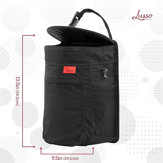 Lusso Gear Spill-Proof Car Trash Can - 2.5-Gallon Black Round - Leak-Proof Lid & Waterproof Removable Liner - Hanging Car Trash Bin & Organizer for SUV, Truck & Minivan