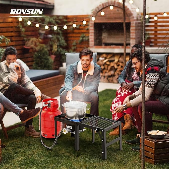 ROVSUN 100,000 BTU Propane Stove with Foldable Side Shelf, Single Burner Gas Stove for Outdoor Cooking with Regulator, Perfect for Camping, Tailgating, Turkey Frying, Seafood Boiling & Home Brewing