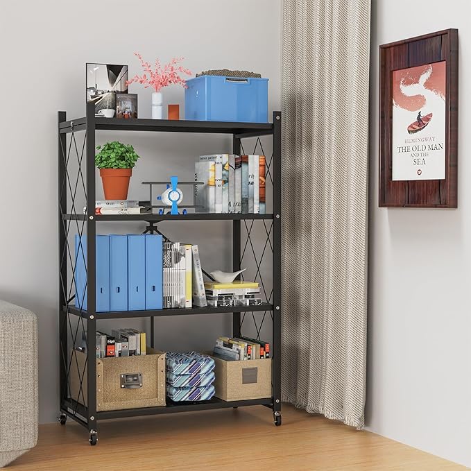 4-Tier Foldable Storage Shelf with Wheels - Metal Rack Collapsible Shelving Unit Display, Rolling Cart for Books Kitchen Storage Shelves, Pantry & Closet Organizer, Office Room Decor