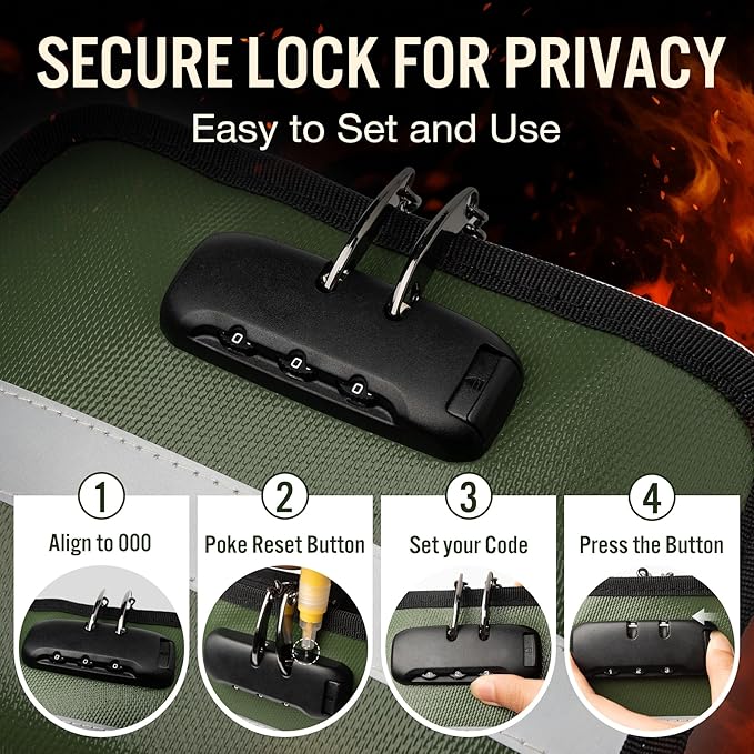 Fireproof Document Bag with Lock and Zipper – Fireproof Money Pouch with Reflective Strip, Wide Opening, Large Capacity (1.57" x 8.66" x 6.3"), Secure Cash, Phones, Cards & Passports – Green, Small