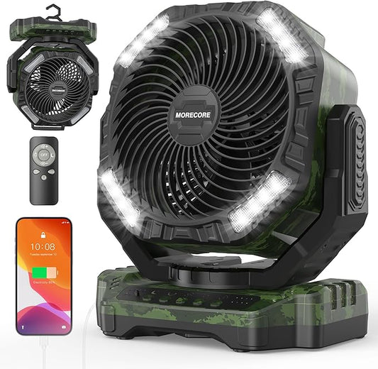 MORECORE 40000mAh Battery Operated Camping Fan with Light, 120HRS Running, Powerful 4 Speeds & Auto Oscillating, with Timer & Hook, for Travel Tent RV Emergency Hurricane Jobsite Garage-Camo Green