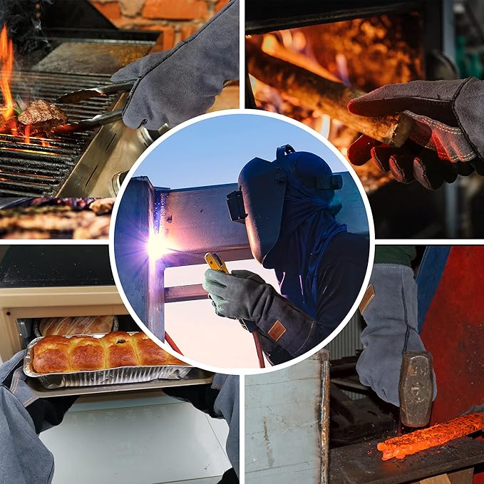 16 Inches,932℉,Leather Welding Gloves, Heat/Fire Resistant,Large Mitts for BBQ,Oven,Grill,Fireplace,Tig,Mig,Forge,Baking,Furnace,Stove,Pot Holder,Animal Handling Glove.L Black-gray