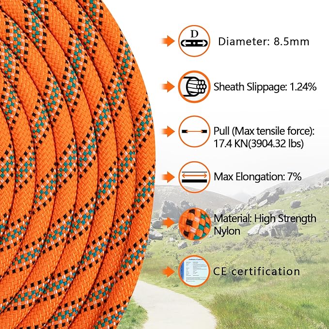 AOLEBA 8.5mm Static Climbing Rope, Outdoor Rock Climbing Ropes, Heavy Duty Rappelling Rope for Fire Rescue, Escape, 10M(32Ft) 20M(64Ft) 30M(96Ft) Ice Climbing Equipment & Parachute Accessories