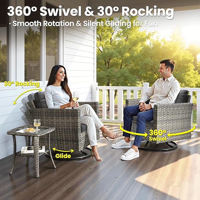 ovios 7 Pieces Patio Furniture Set with 42" Fire Pit Table, Outdoor Wicker Sofa with Swivel Chairs, All Weather High Back Rattan Couch Conversation Set, Black