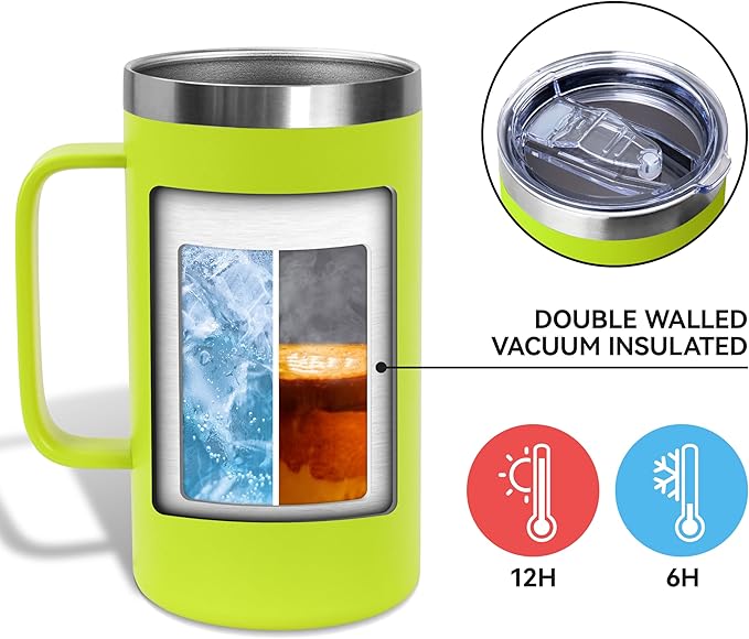 DOMICARE 24oz Mug with Handle and Lid, Stainless Steel Coffee Mug, Travel Mug with Handle, Double Wall Vacuum Coffee Tumbler, Reusable Insulated Cup, Light Green, Pack 4