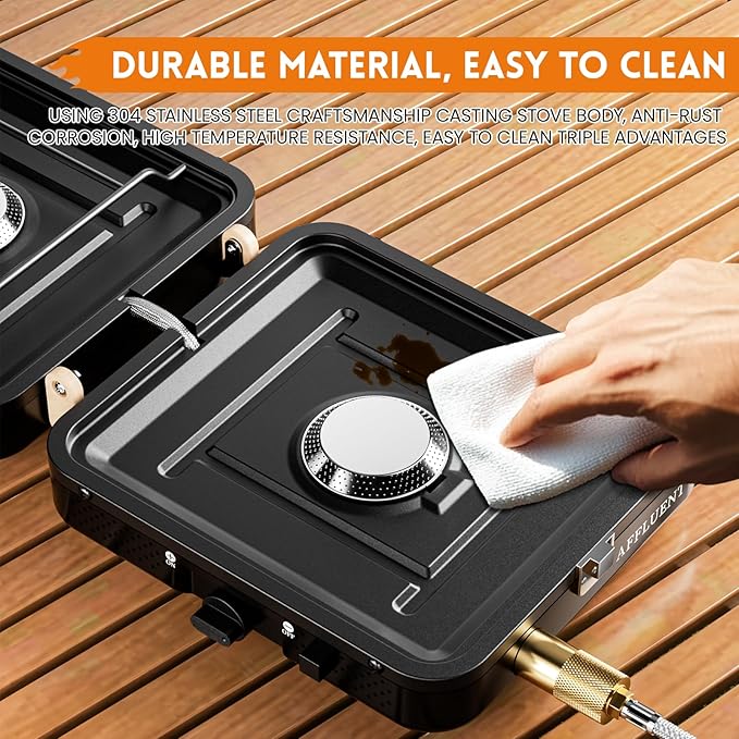AFFLUENT 2 Burner Propane Camping Stove with Grill and Storage Bag- A Must - Have Camp Stove Propane! Foldable, Featuring Two Adjustable Burners Ideal Portable Camping Stove for Camping & BBQ(Black)