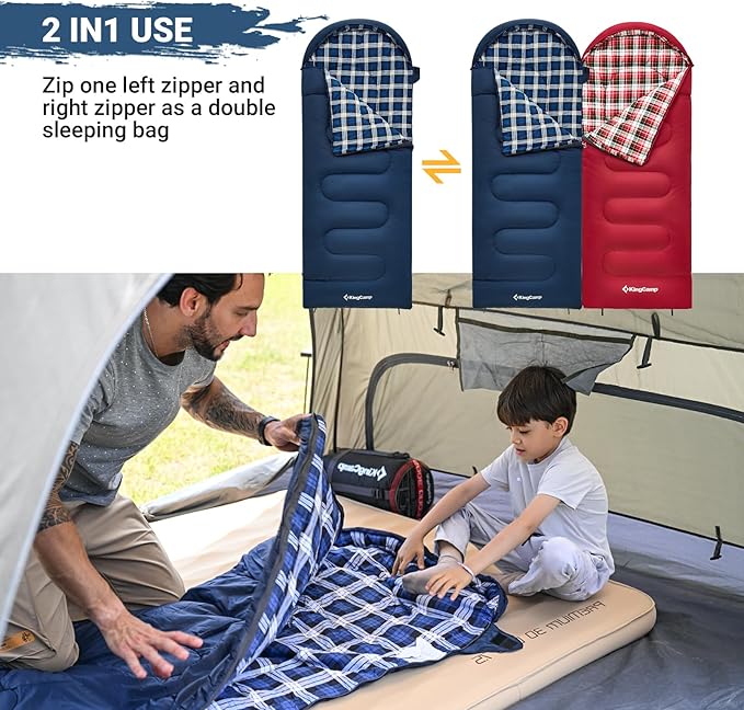 KingCamp 45° F Kids Sleeping Bag, Lightweight Waterproof & Compact Flannel Sleeping Bags Cold Weather & Warm Youth Essentials Gear Accessories for Camping, Fits 10-12 Children up to 5'5" Tall