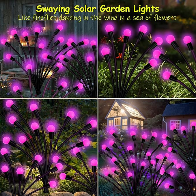 Kohlrabi Solar Garden Lights Outdoor, 2 Pack 20 LED Solar Pink Firefly Lights Waterproof, Sway by Wind, Swaying Light for Yard Patio Backyard Garden Planter Flower Bed Pathway Outdoor Decoration