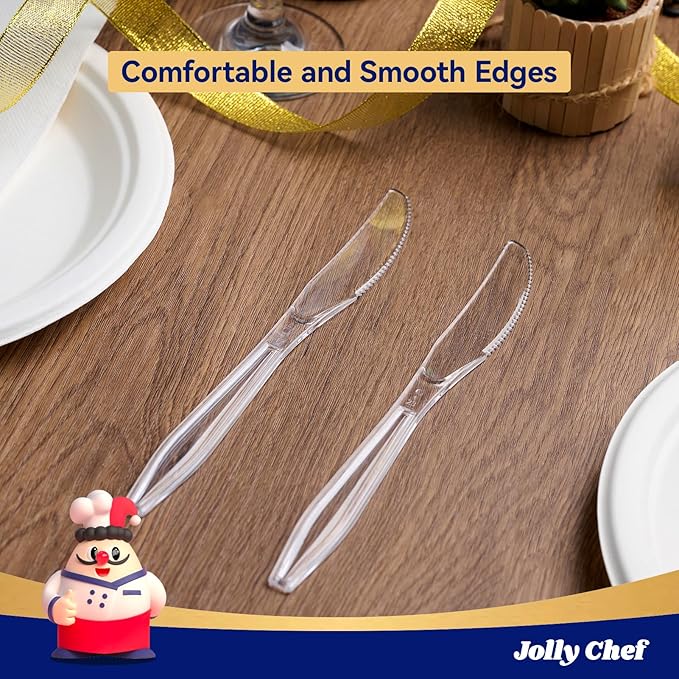 JOLLY CHEF 300 Count Clear Plastic Knives Heavy Duty, 7.7" Heat Resistant Solid and Durable Plastic Knives Disposable, Disposable Bulk Cutlery Perfect for Parties Supply Events Everyday Use