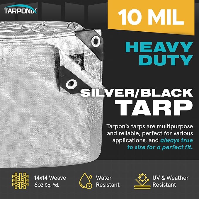 20' x 20' Dual-Sided Heavy-Duty Tarp – 10 Mil Tear-Resistant Silver & Black Cover with Reinforced Edges and Anti-Rust Grommets