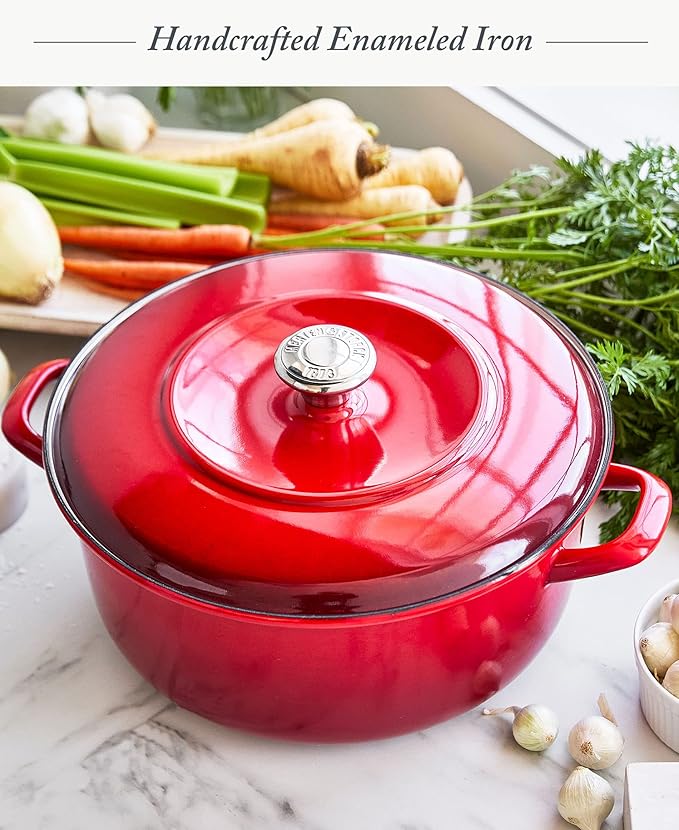Merten & Storck 7QT Round Dutch Oven Casserole Pot with Lid, European Crafted Enameled Iron Stockpot, Induction & All Cooktops, Braising, Stews, Roasting, Slow Cooking, Sourdough, Foundry Red